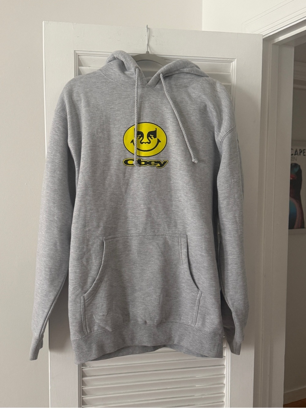 Obey Men's Grey Crewneck Hoodie with Yellow Smiley Logo